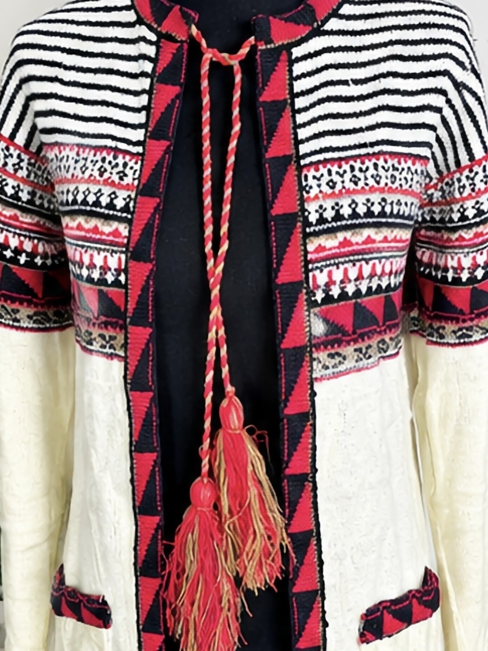 Nwt Women's Medium Vintage Cream Cardigan with Red and Black Patterned Trim